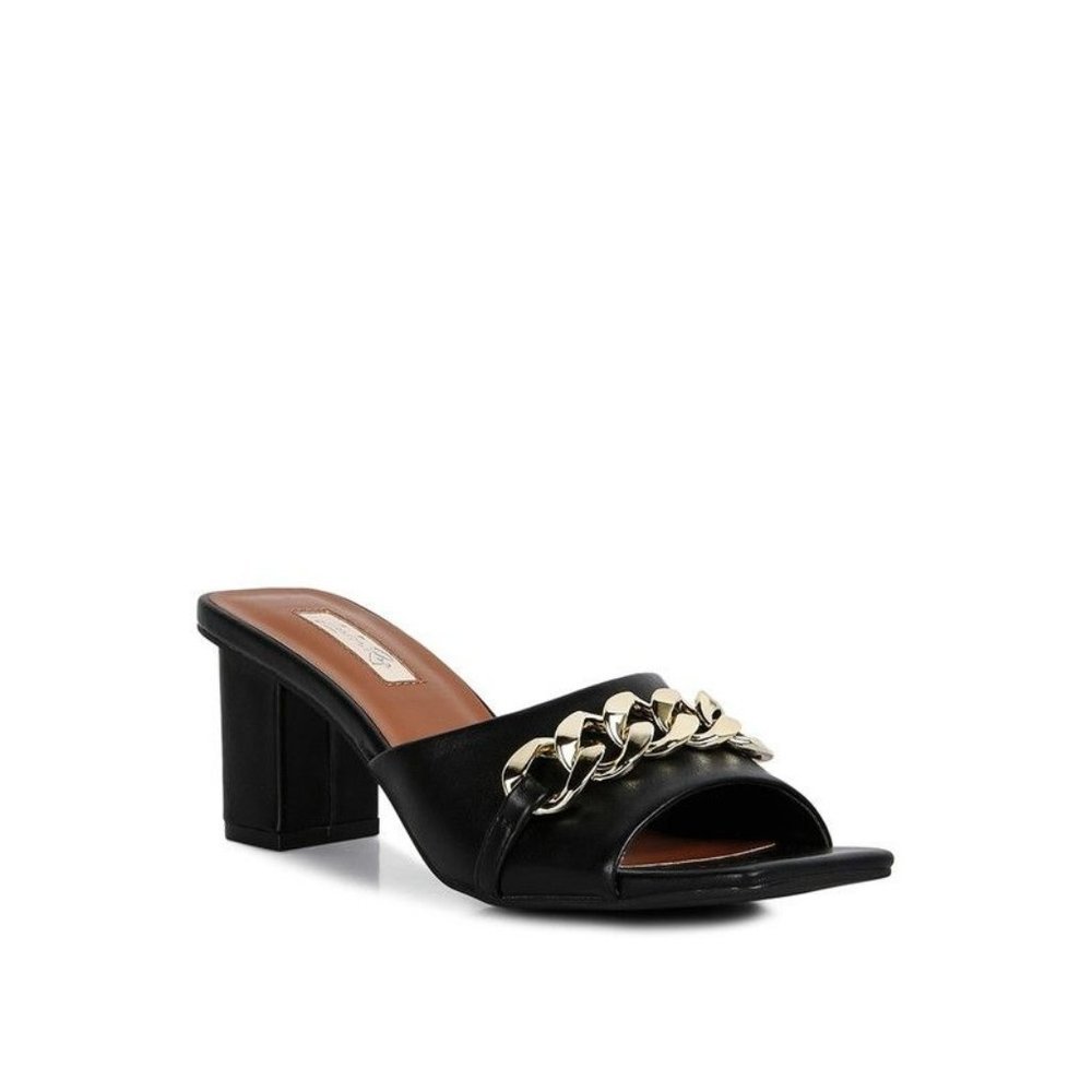Hotshot Mid Heel Chain Detail Sandals -Black